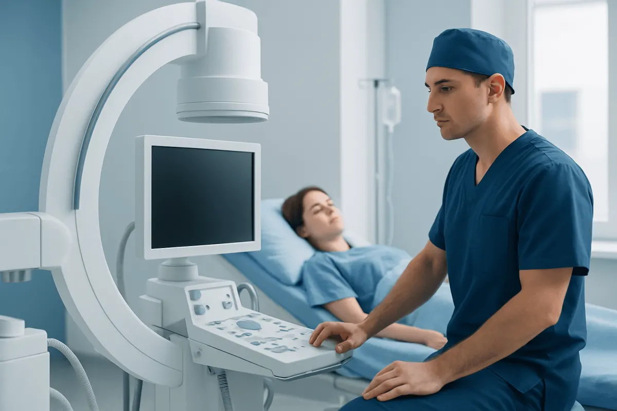Urologist preparing for a kidney stone procedure in a hospital setting.