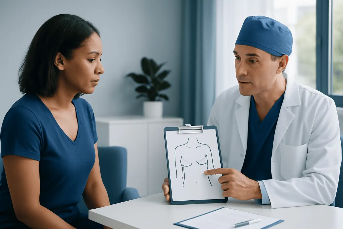 Doctor explaining augmentation scars care to patient in consultation room.