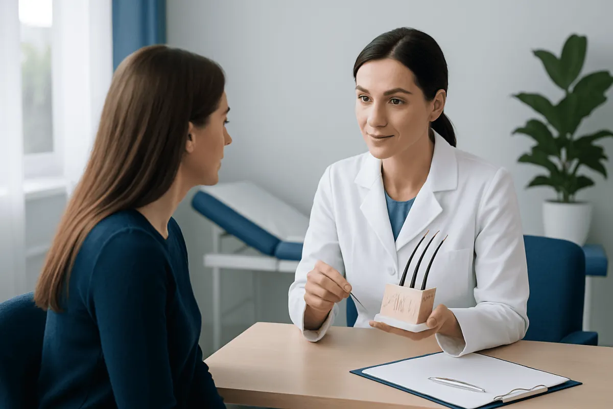 Doctor explaining hair implant options to a patient in a consultation room.