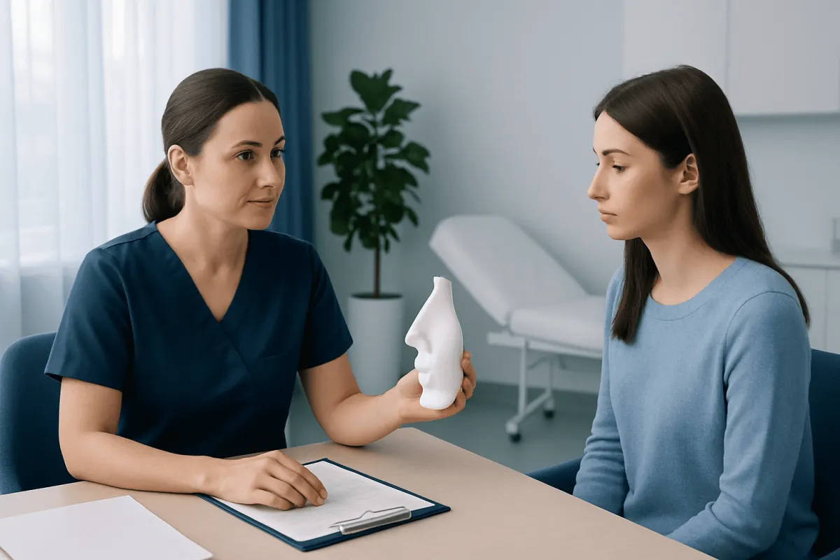 Medical consultation for nose surgery with a model nose in a clinic setting.