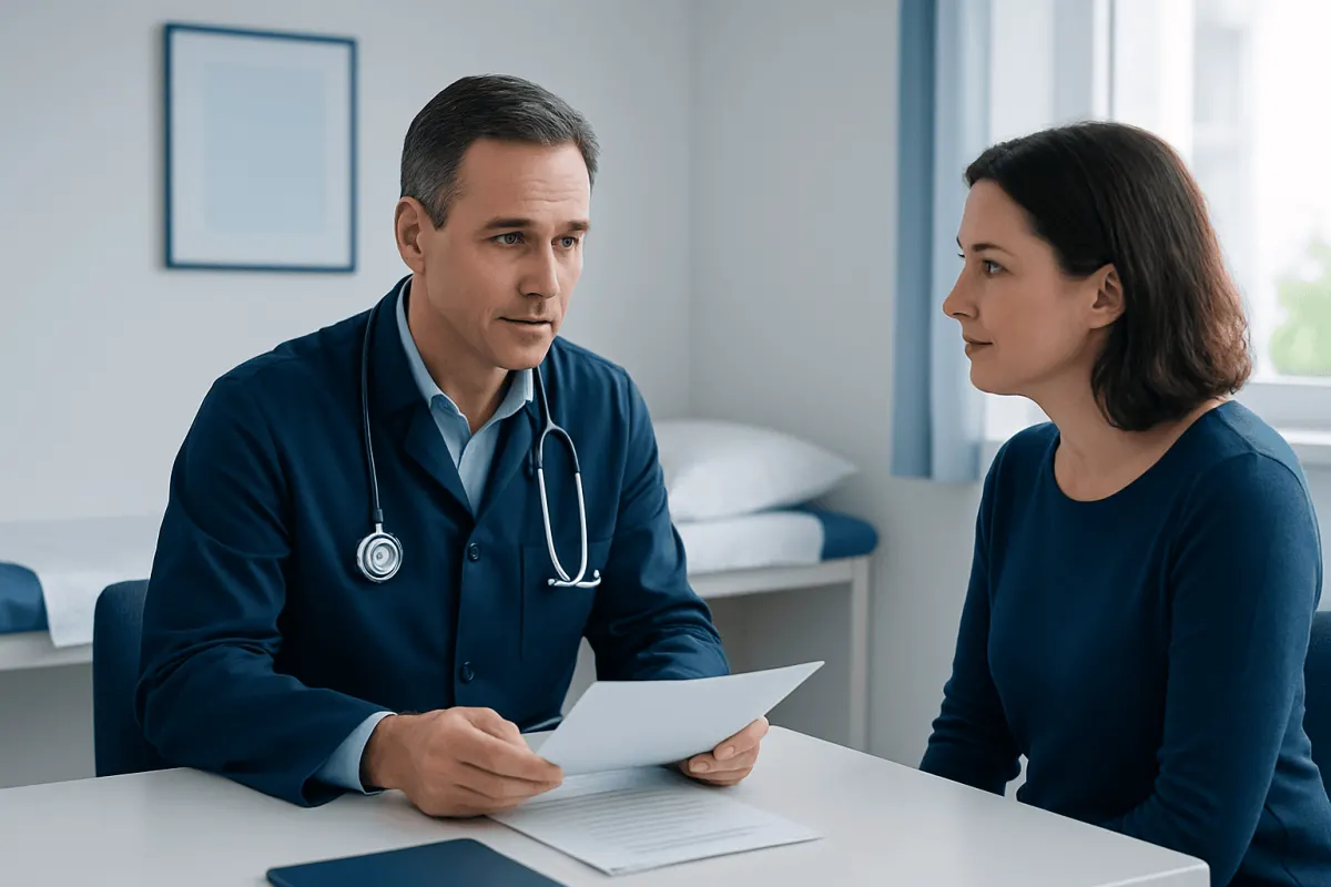 Doctor discussing treatment options with a female patient in a consultation room.