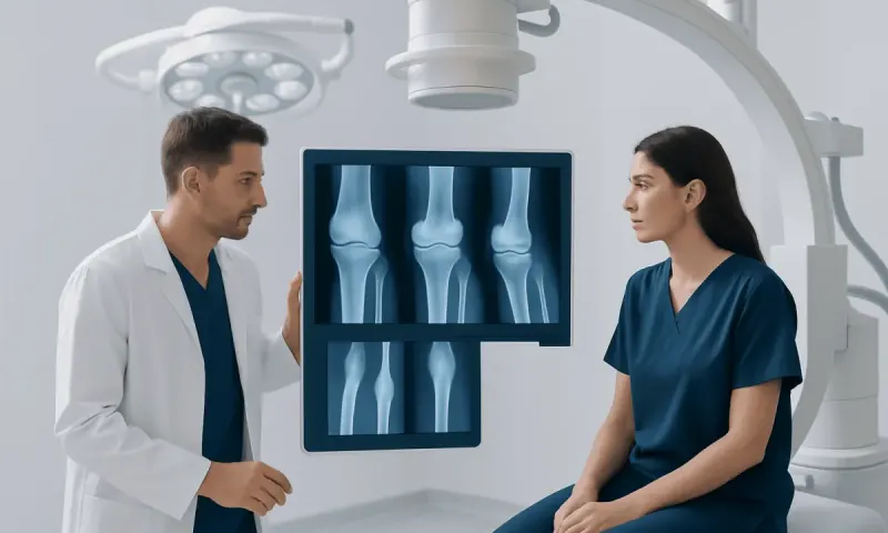 Doctor explaining knee X-ray to patient in hospital setting.
