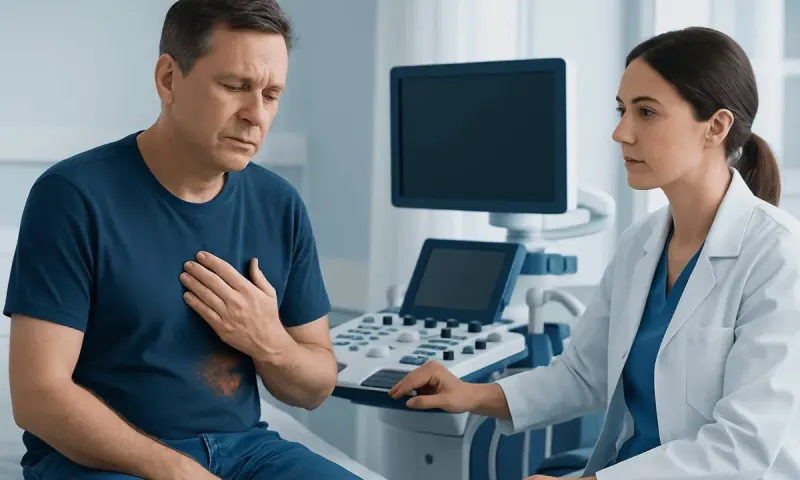 Patient experiencing chest pain during medical consultation at Acibadem Hospital.