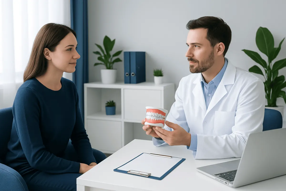 Dentist explaining dental veneers to a patient in a clinic setting.