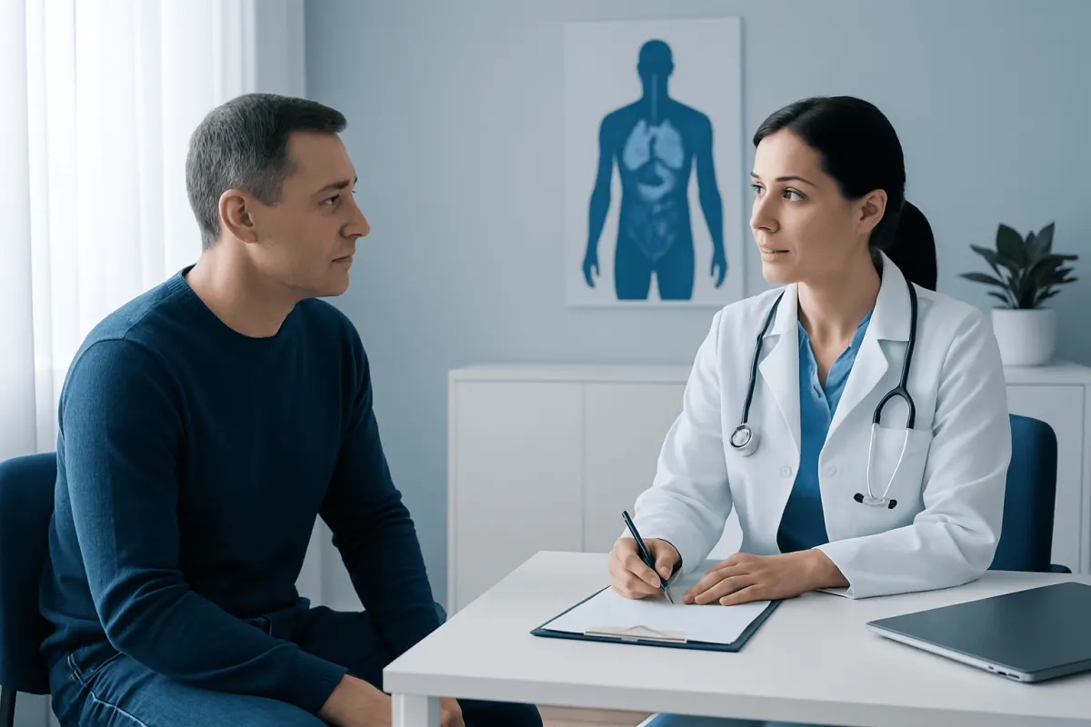 Doctor consulting with patient about thymus tumor treatment options.