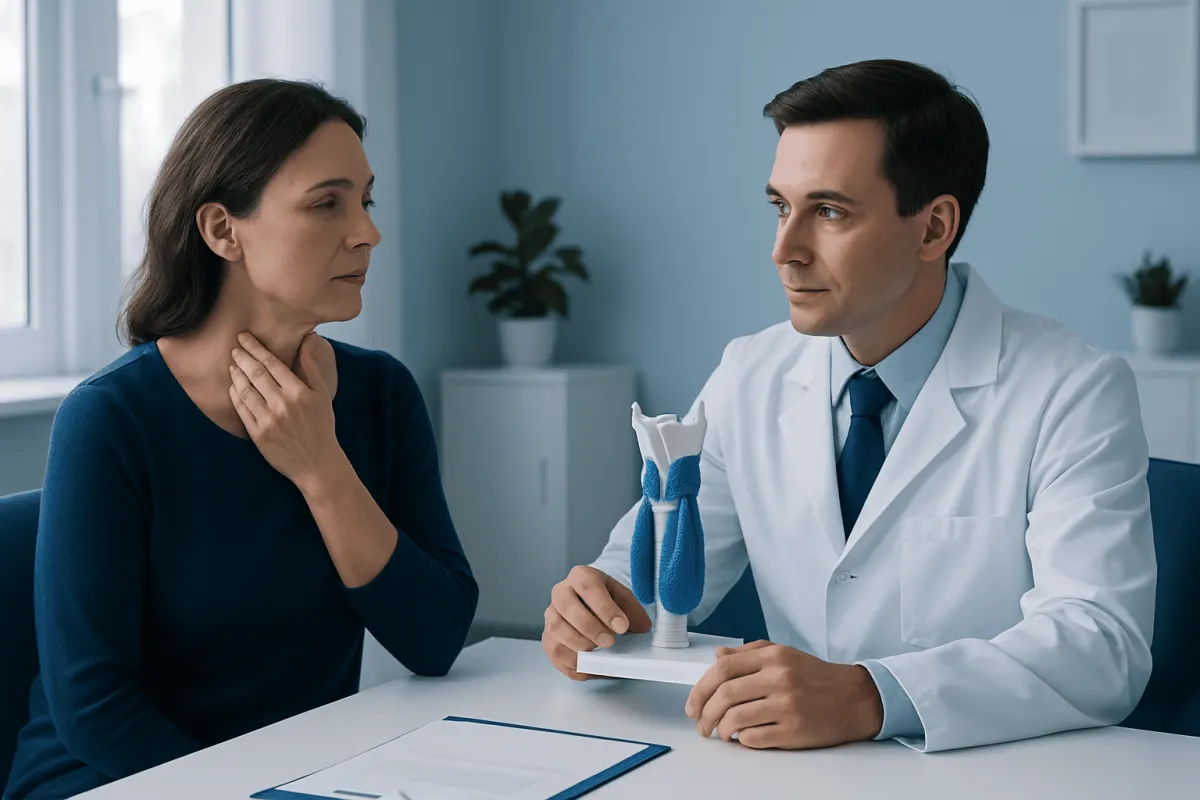 Doctor explaining thyroid removal procedure to a patient in consultation.