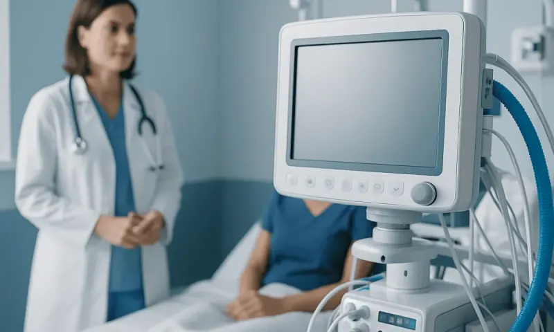 Doctor and patient in hospital room with medical monitor.