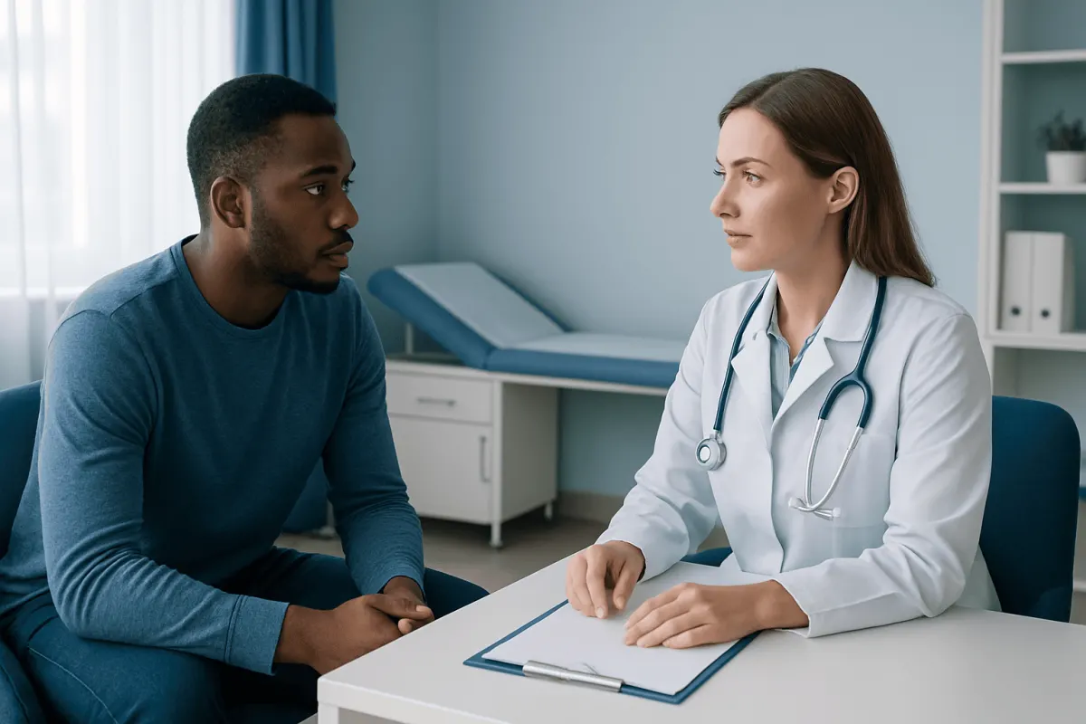 Doctor consulting with a patient in a medical office setting.