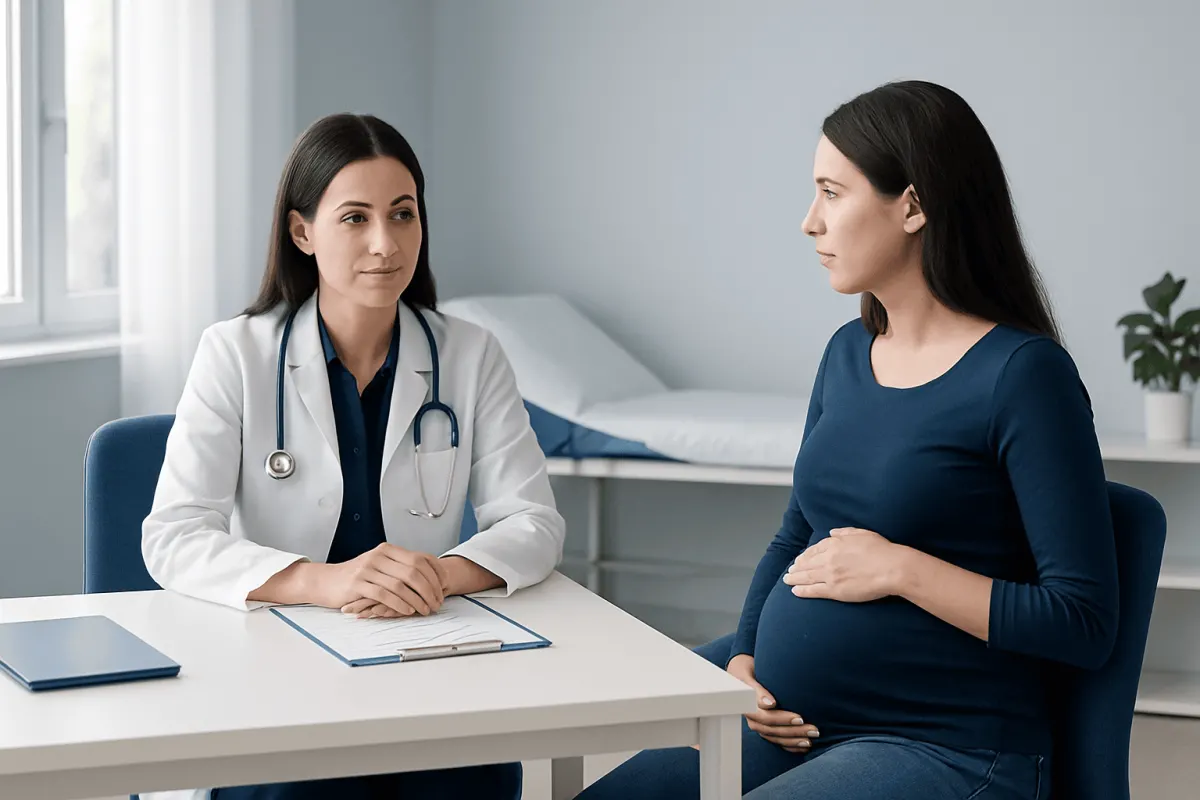 Doctor consulting pregnant woman in a medical office.