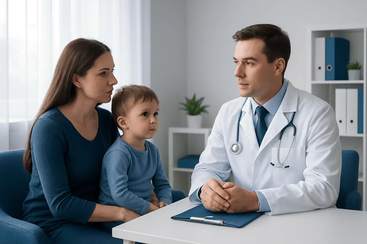 Doctor consulting with mother and child in a medical office.