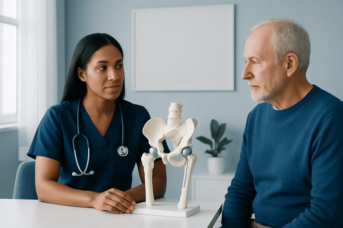 Doctor explaining hip replacement options to patient with model pelvis.