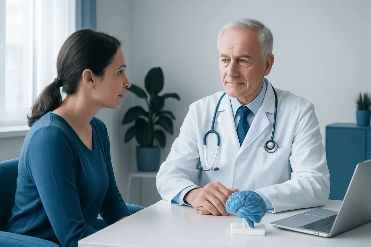 Doctor discussing brain health with a patient in a medical office.
