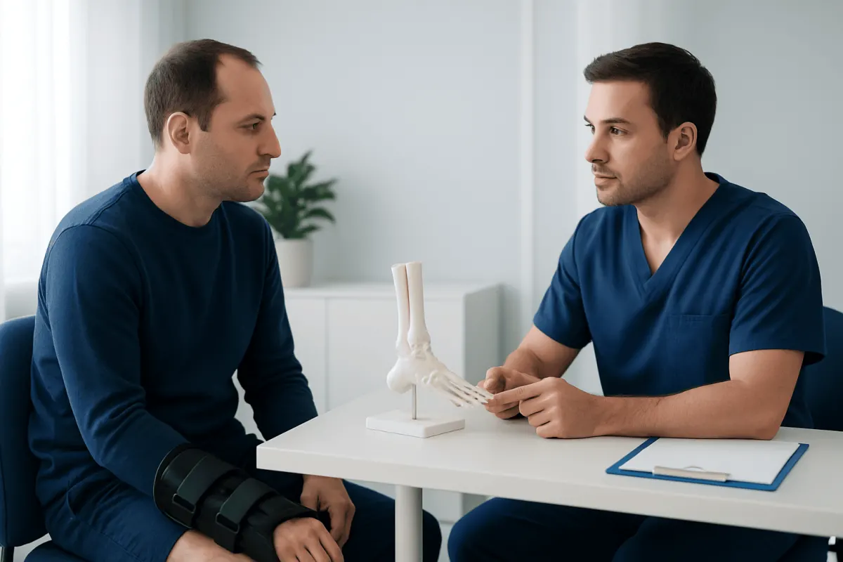 Doctor explaining ankle injury recovery to patient with model and clipboard.