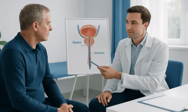 Urologist explaining urethral stricture to patient with diagram.