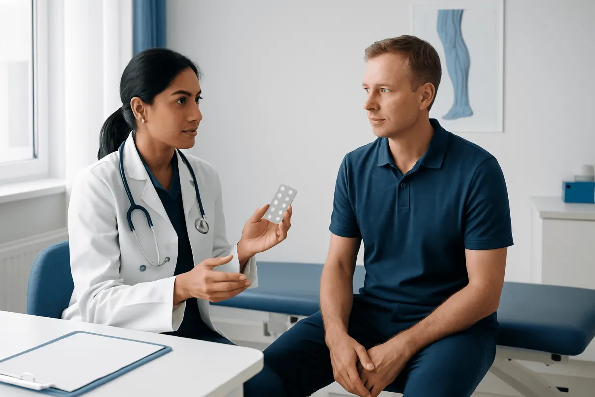 Doctor explaining medication to a male patient in a clinic setting.