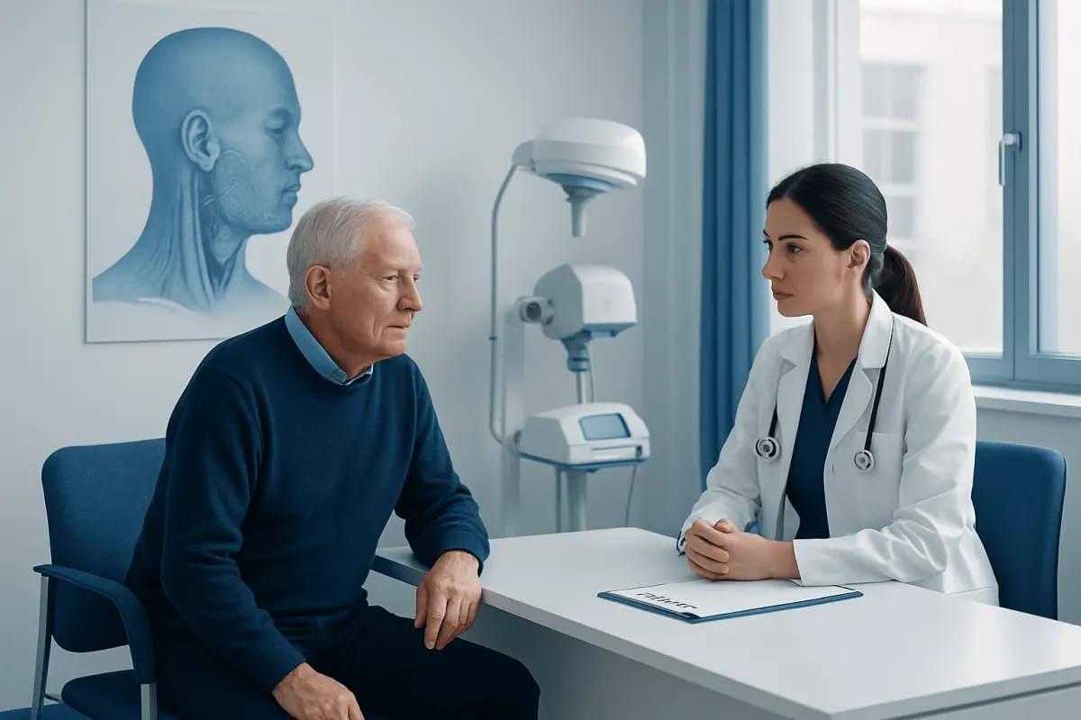 Doctor consulting with elderly patient in a medical office.