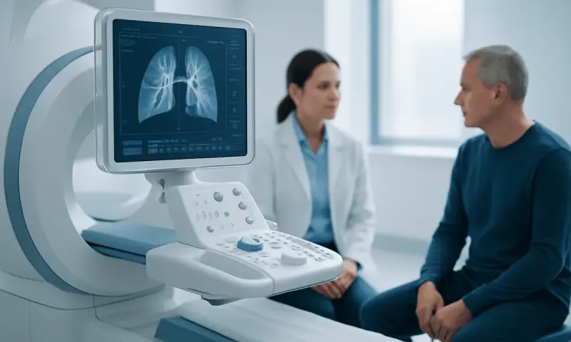 Medical professional explains lung scan results to patient in hospital.
