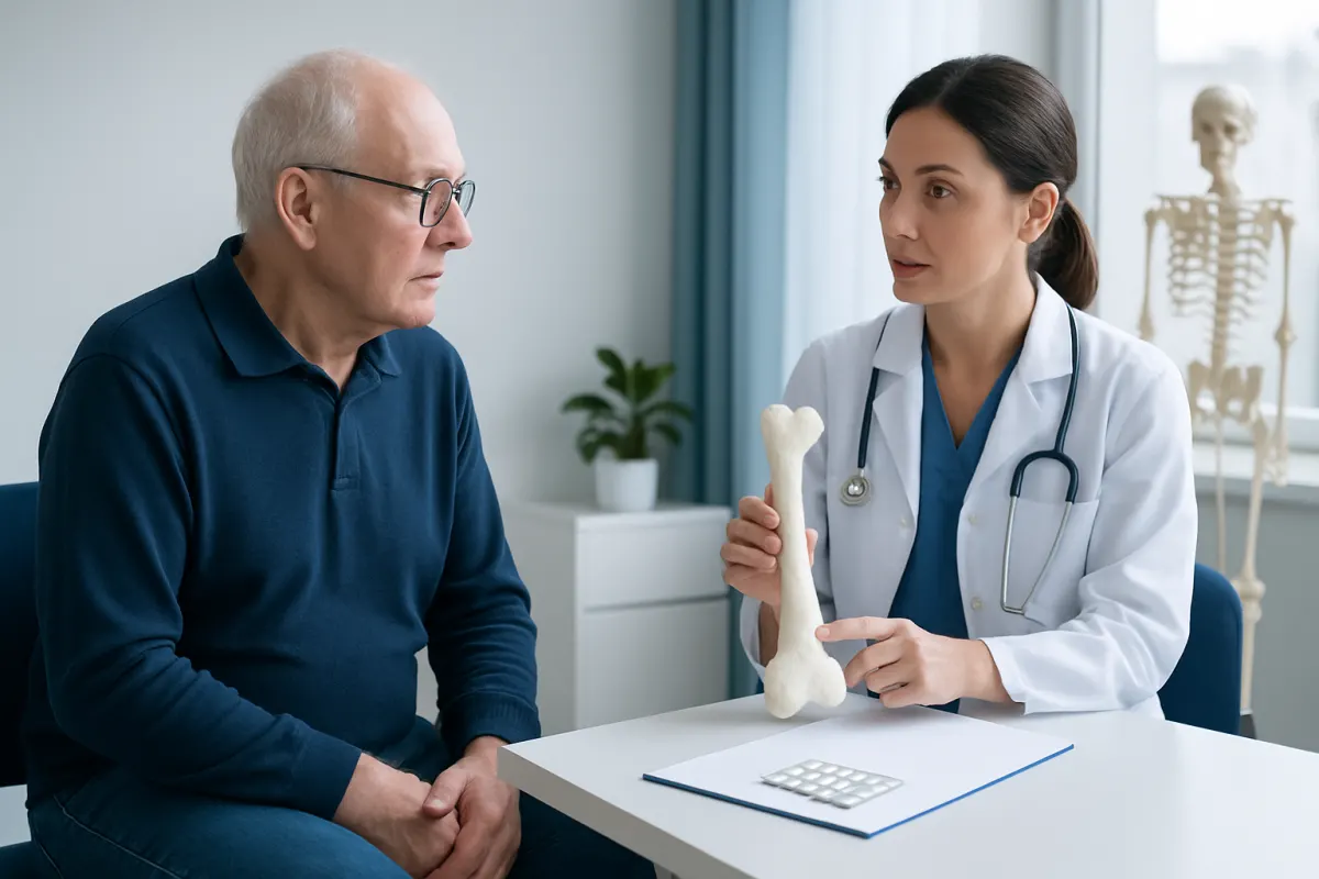 Doctor explaining bone health to elderly patient with bone model in clinic.