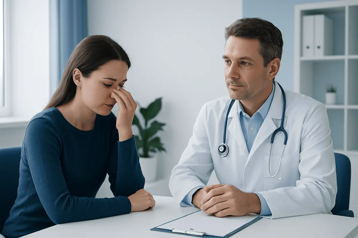Patient experiencing allergy symptoms consulting a doctor in a clinic.