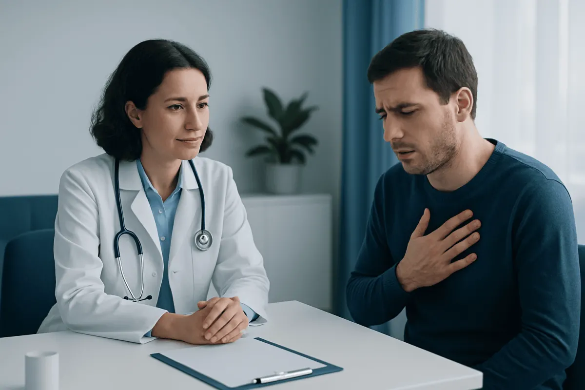 Doctor examining a patient with chest discomfort in a clinical setting.