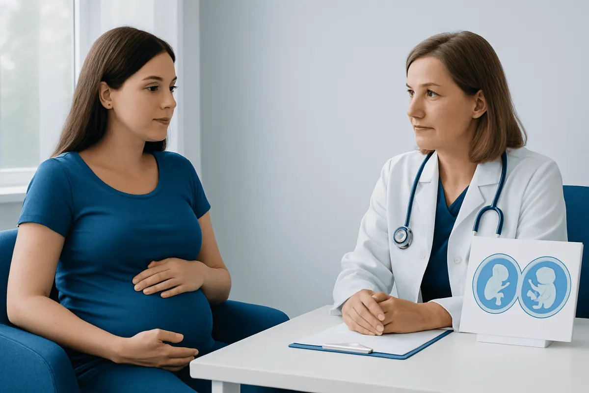 Doctor consulting with pregnant woman in a medical office.