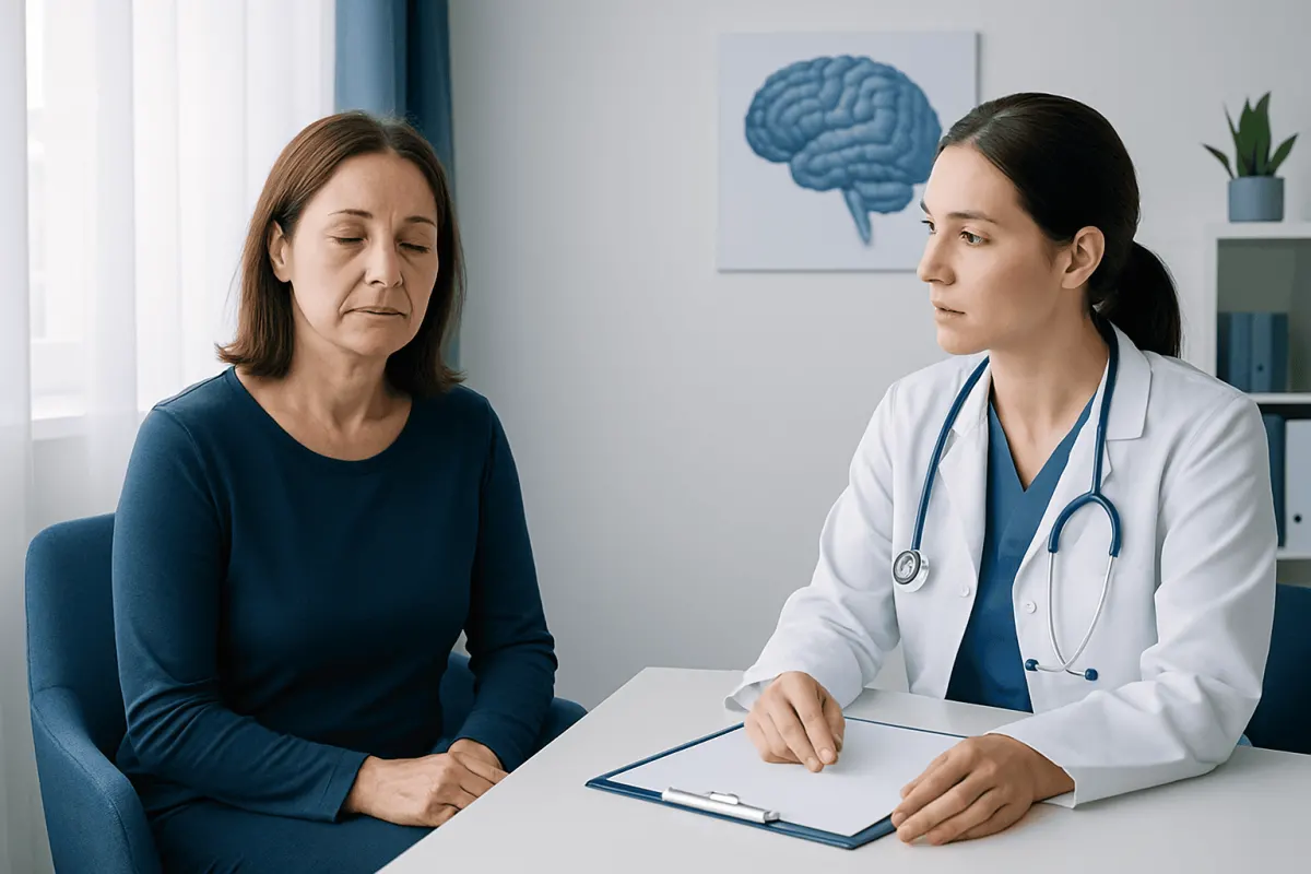 Doctor consulting with a patient about sleep disorders in a medical office.