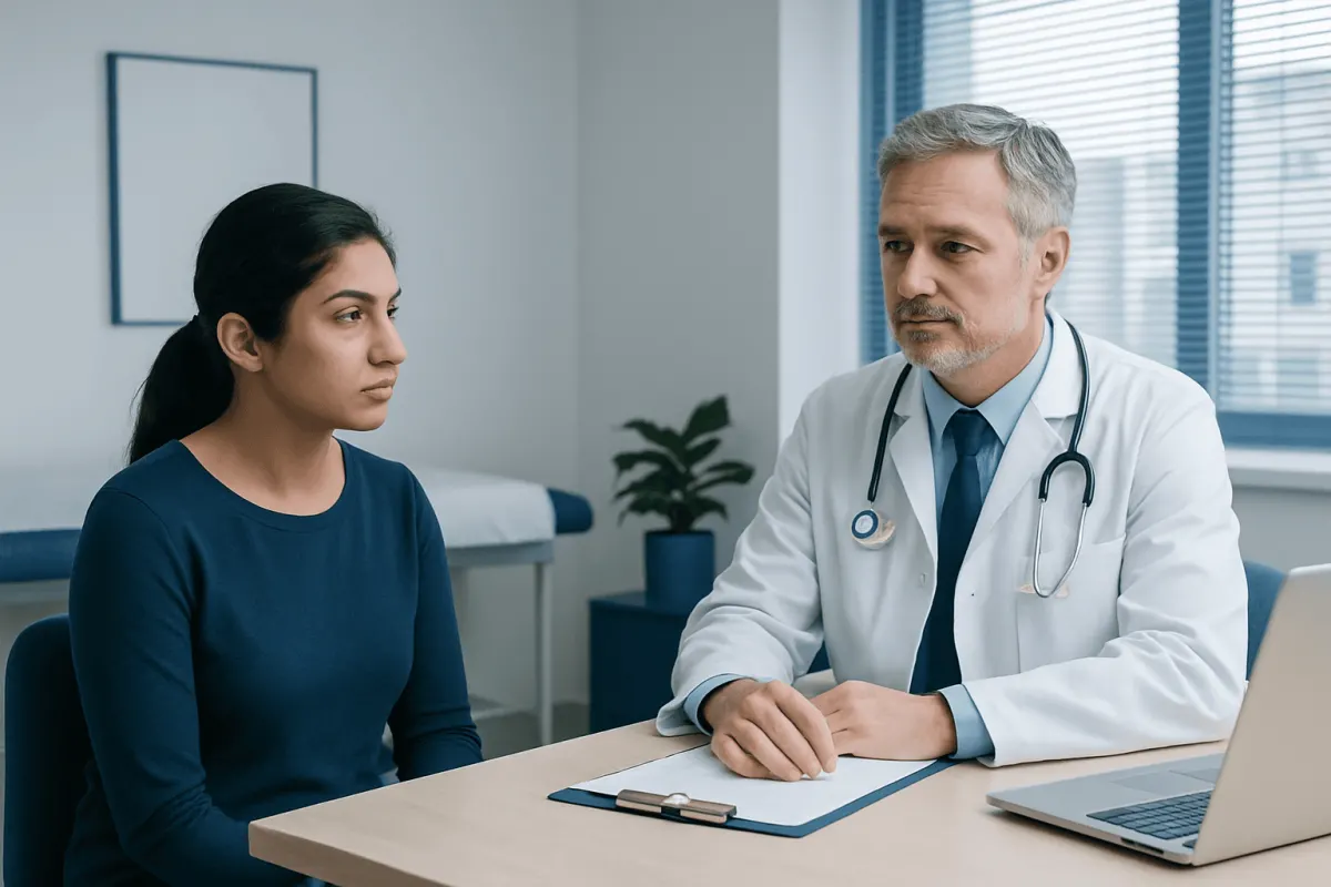 Doctor consulting with a female patient in a medical office.