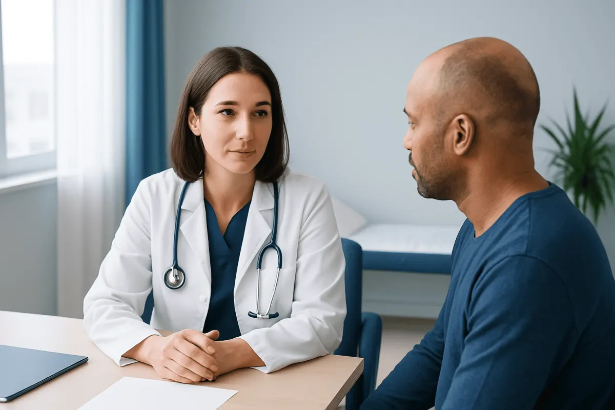 Doctor consulting with male patient in a medical office setting.