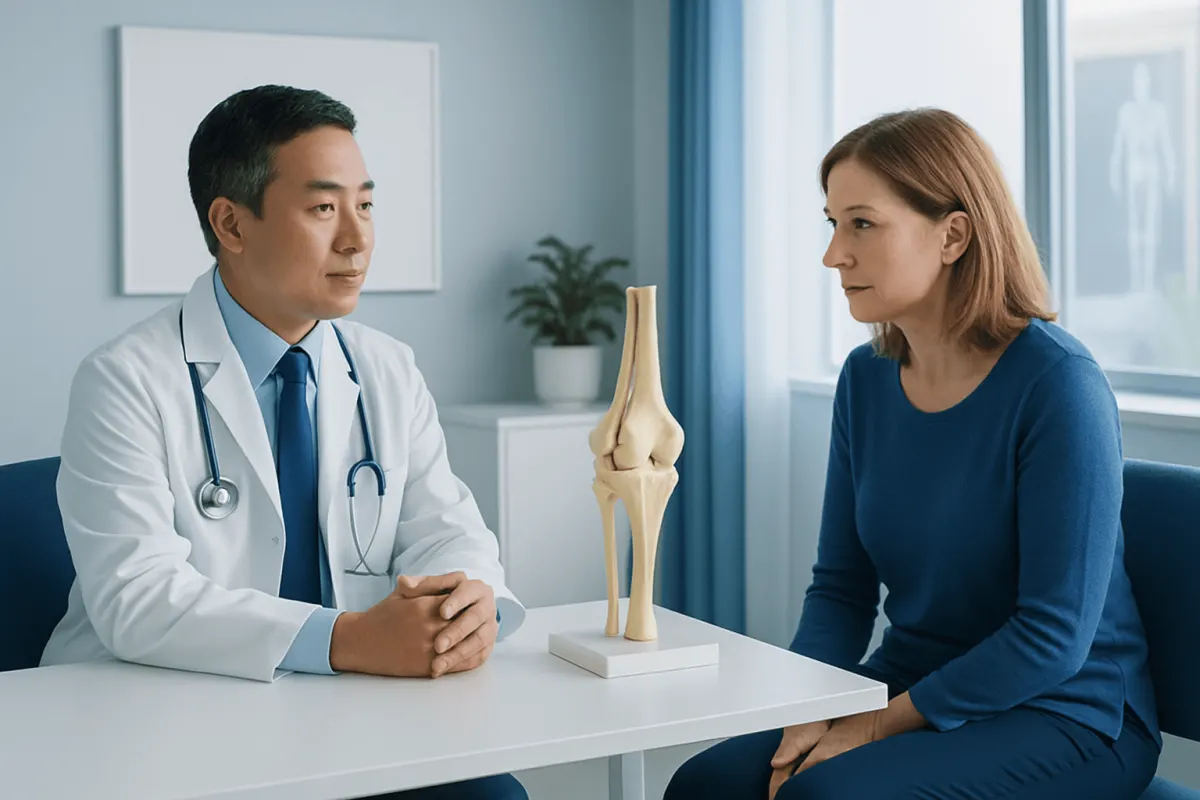 Orthopedic consultation for knee health with doctor and patient in clinic.