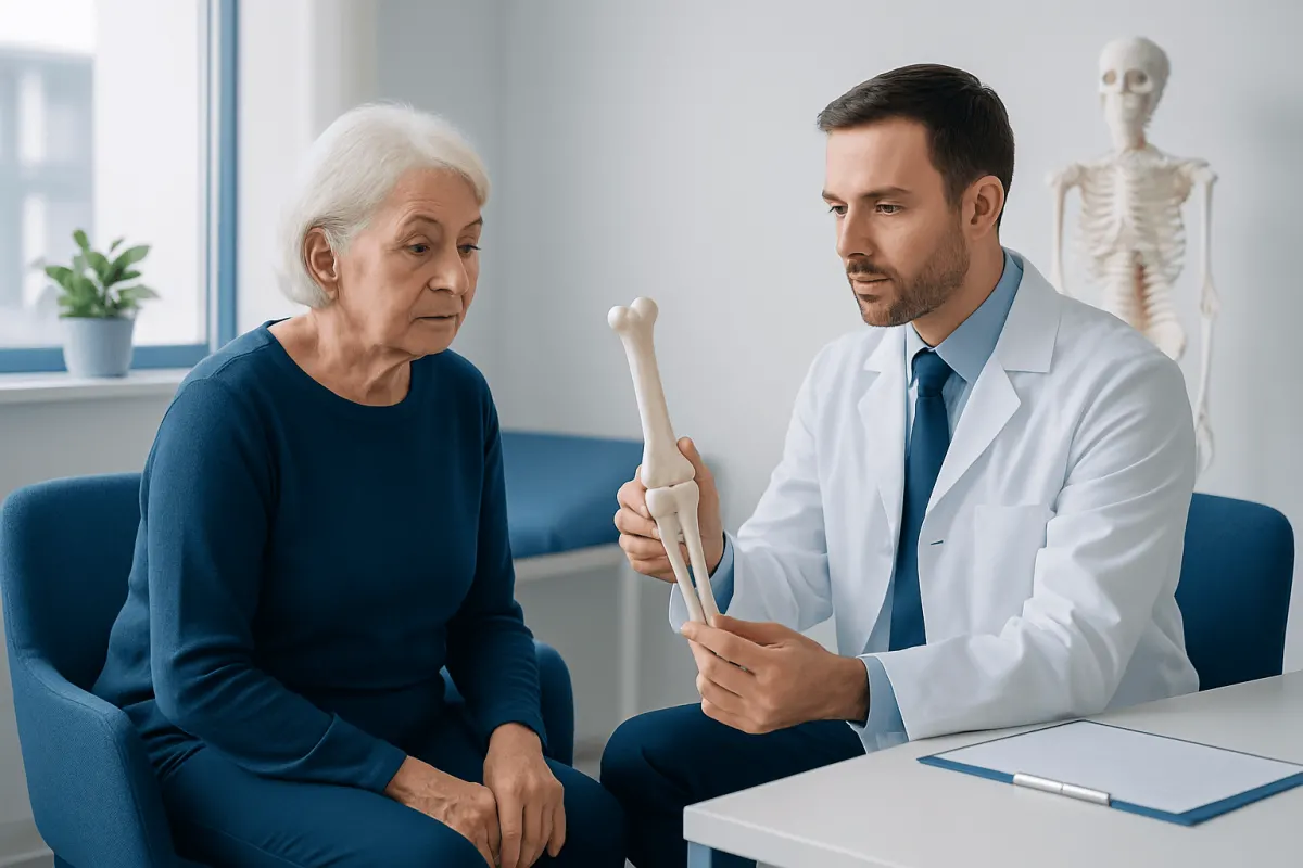 Doctor explaining bone health to elderly woman in a medical consultation.