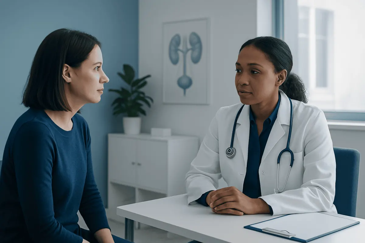 Doctor consulting with a patient about health concerns in a medical office.
