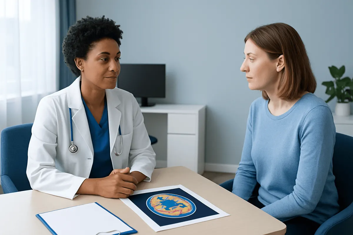 Doctor and patient discussing brain perfusion scan results in consultation room.