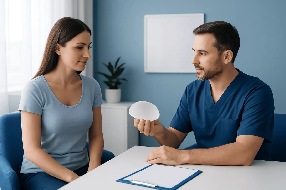 Doctor consulting with a patient about breast augmentation options.