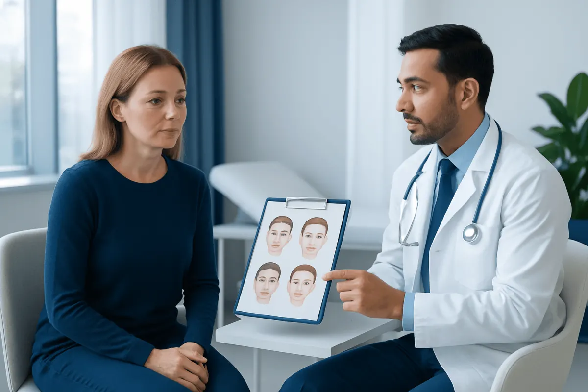 Doctor explaining brow lift procedure to patient in consultation room.