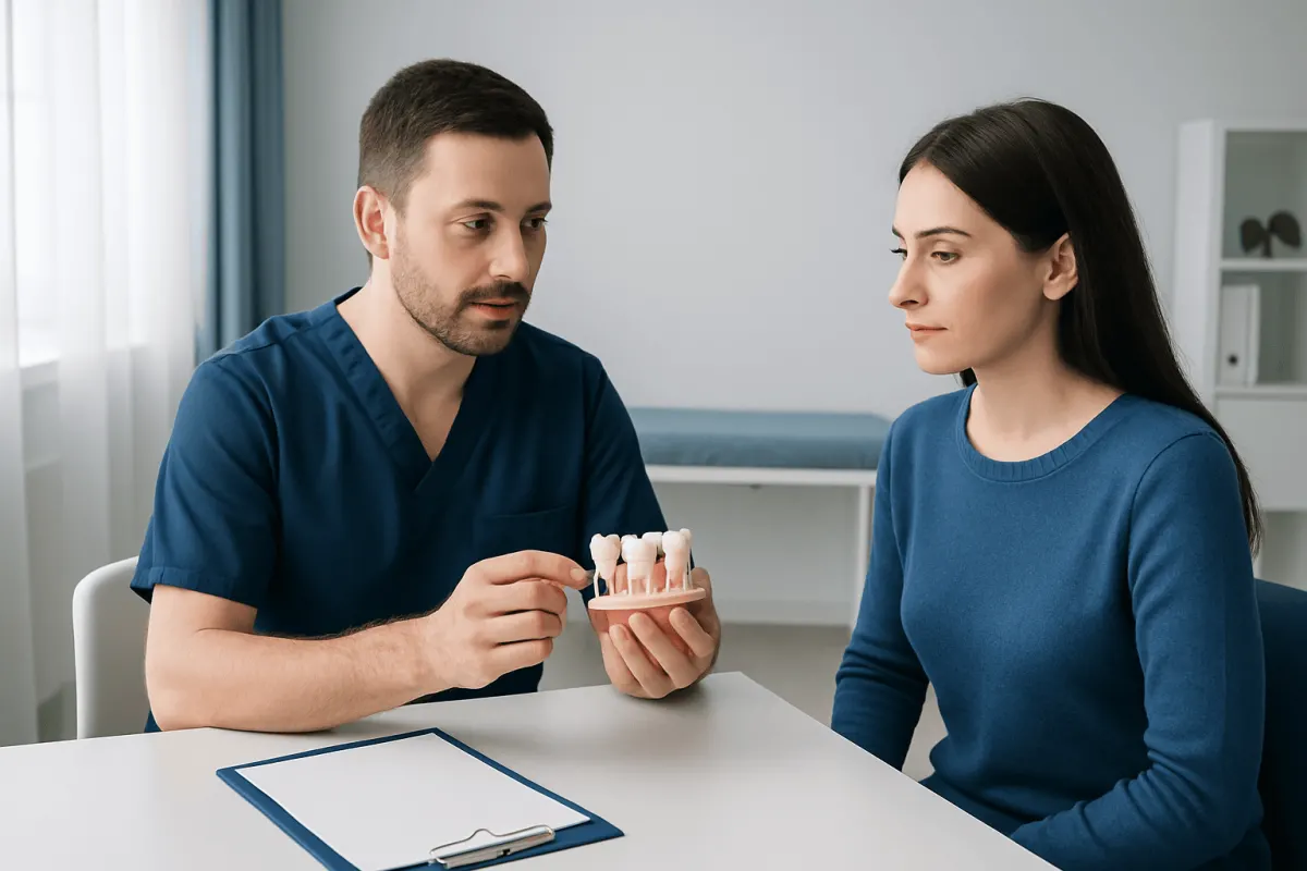 Dentist explaining dental bridge options to a patient with a model of teeth.