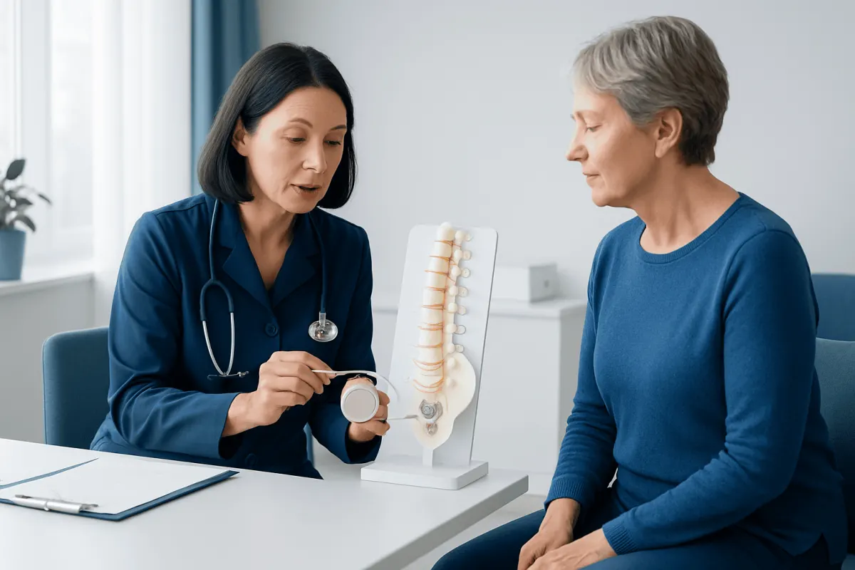 Doctor explaining spinal implant to patient in a medical consultation.