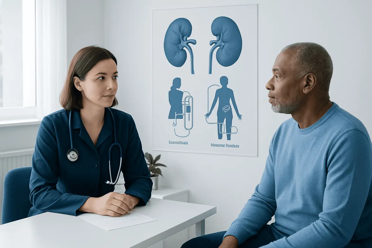Doctor discussing kidney health with patient in clinic setting.