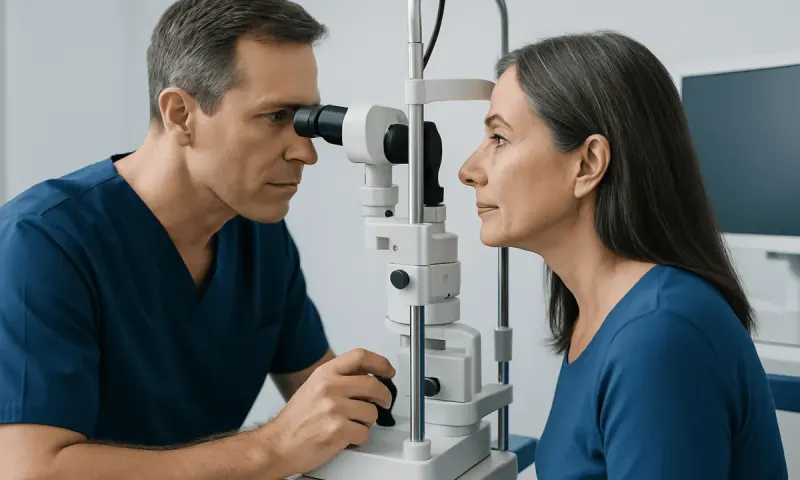 Ophthalmologist examining a woman's eye with a slit lamp microscope.