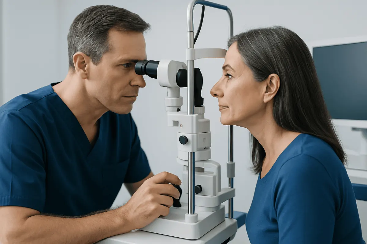 Ophthalmologist examining a woman's eye with a slit lamp microscope.