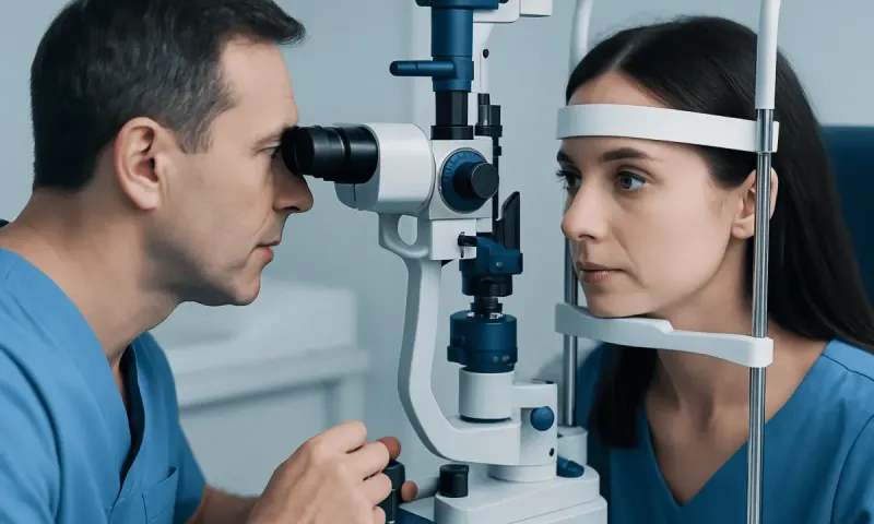 Ophthalmologist examining a patient's eye with slit lamp in clinic.