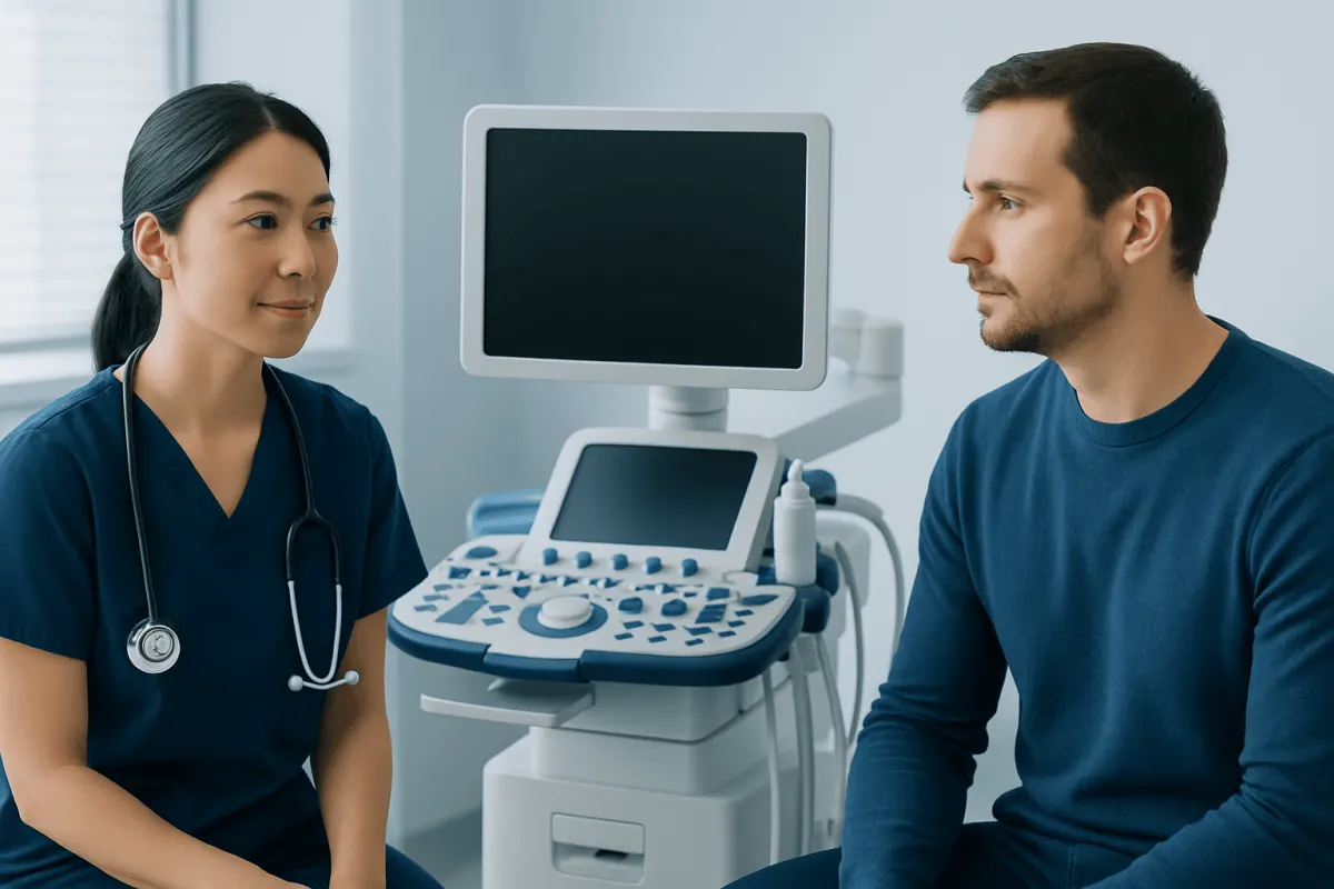 Doctor and patient in a medical consultation room with ultrasound equipment.