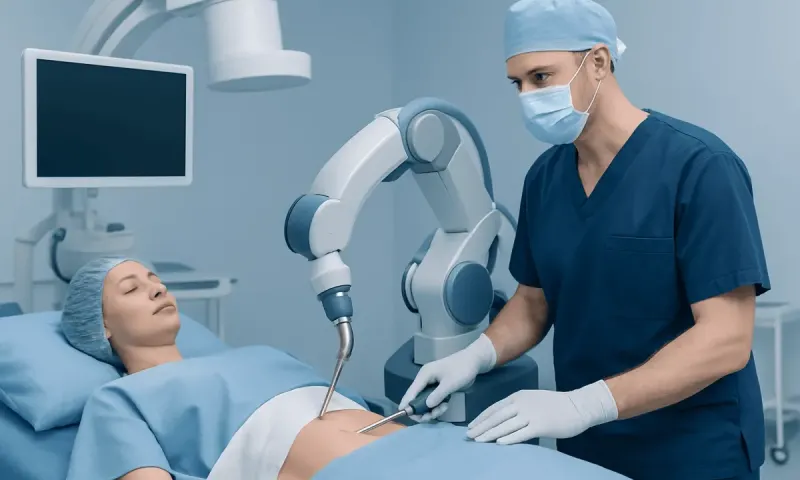 Surgeon performing minimally invasive hip surgery with robotic assistance.