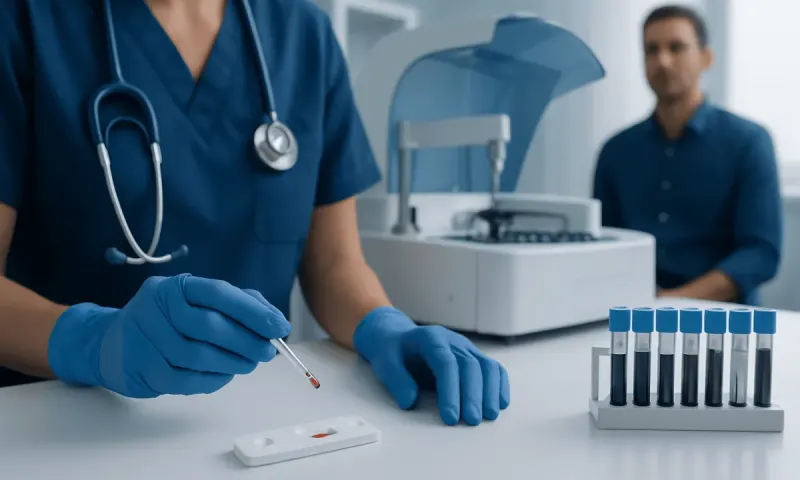 Healthcare professional performing HIV test with blood samples in a laboratory setting.