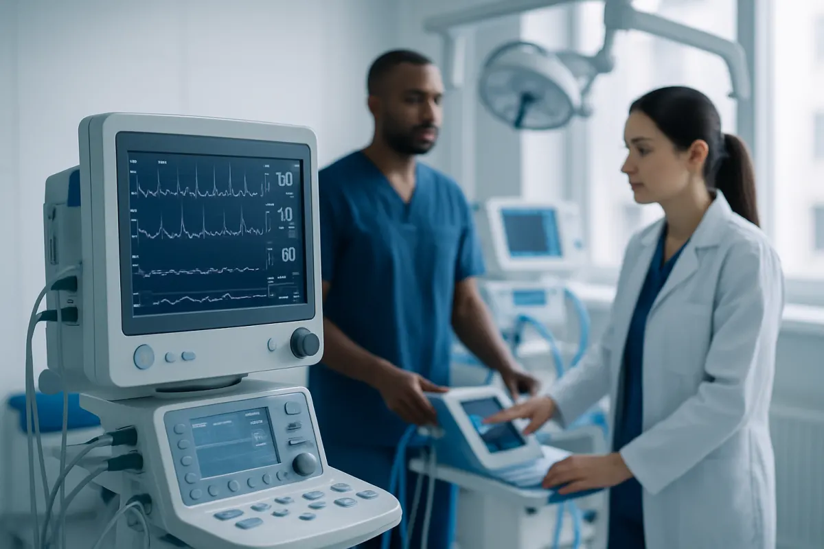 Medical professionals monitoring patient in hospital ICU.
