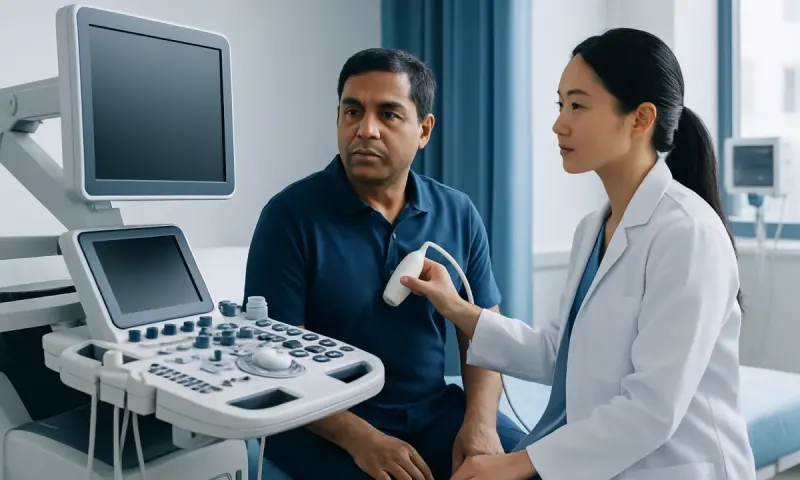 Doctor performing an ultrasound exam on a male patient in a hospital room.