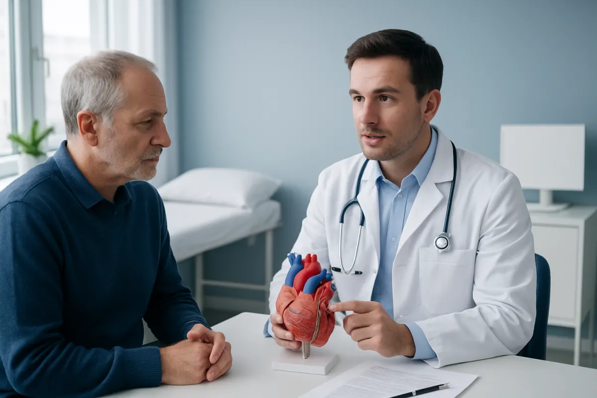 Cardiologist explaining heart model to patient in a medical consultation.