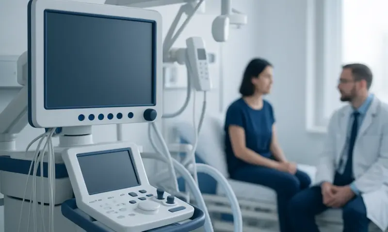Medical consultation room with ultrasound equipment and doctor talking to patient.