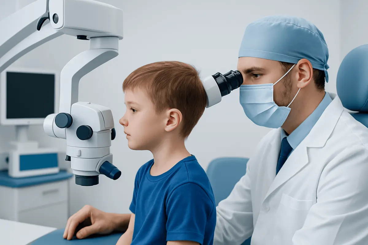 Pediatric patient undergoing ear examination with a specialist using a microscope.