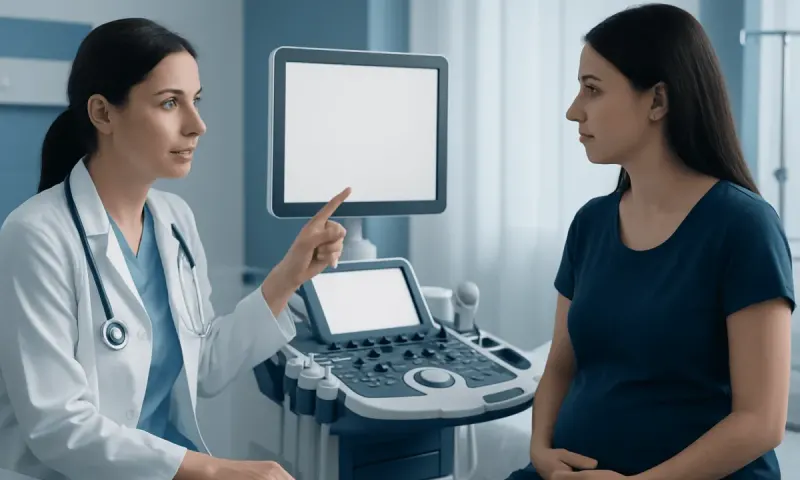 Doctor explaining ultrasound results to a patient in a medical clinic.