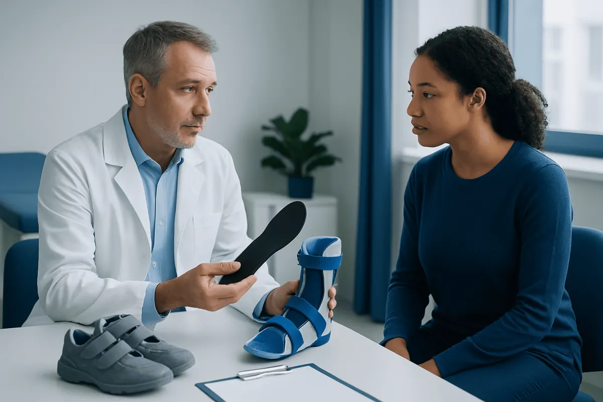 Doctor explaining orthotic devices to a patient in a medical consultation.